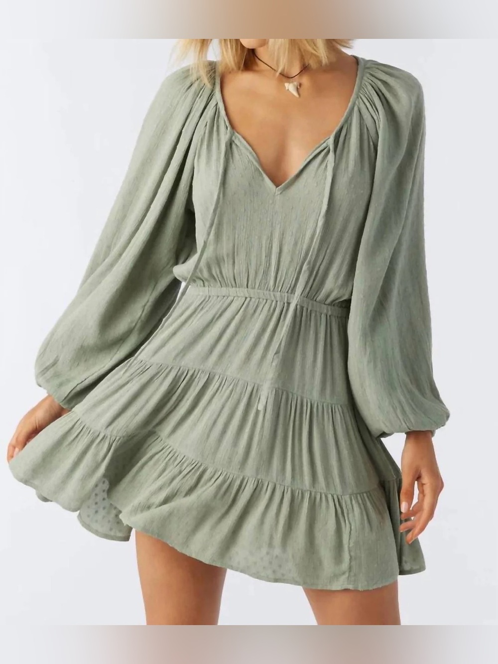 Women's Olive Green Peasant Midi Dress with Tassel Tie